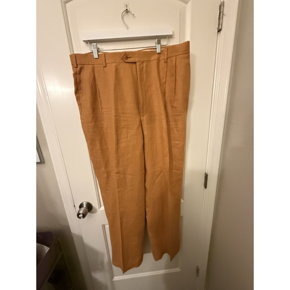 Paul Fredrick Men's‎ Dress Pants Orange 100% Linen Size 40x32 Pleated Front